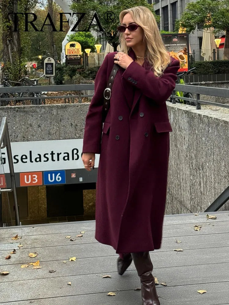 Elegant Burgundy Woolen Coat with Turn Down Collar and Double Breasted Design