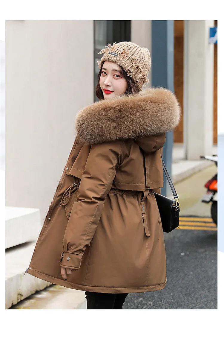 Hooded Parka with Fur Collar and Thick Liner Casual and Fashionable