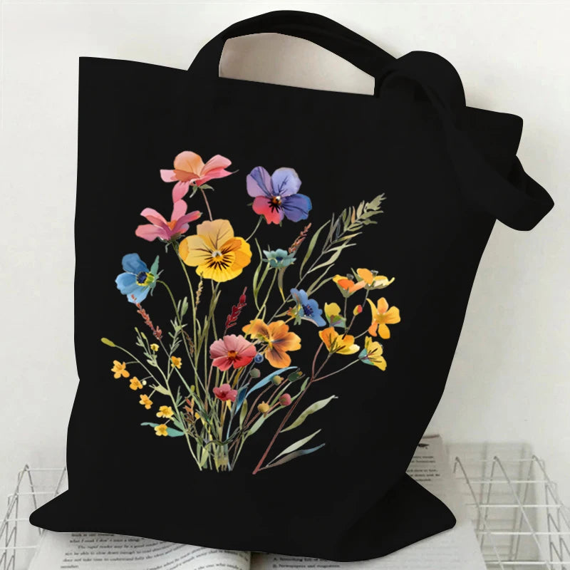 Boho Wildflowers Pattern Canvas Tote Bag – Retro Graphics Reusable Shopper Bag for Women, Stylish Cloth Handbag for Everyday Use