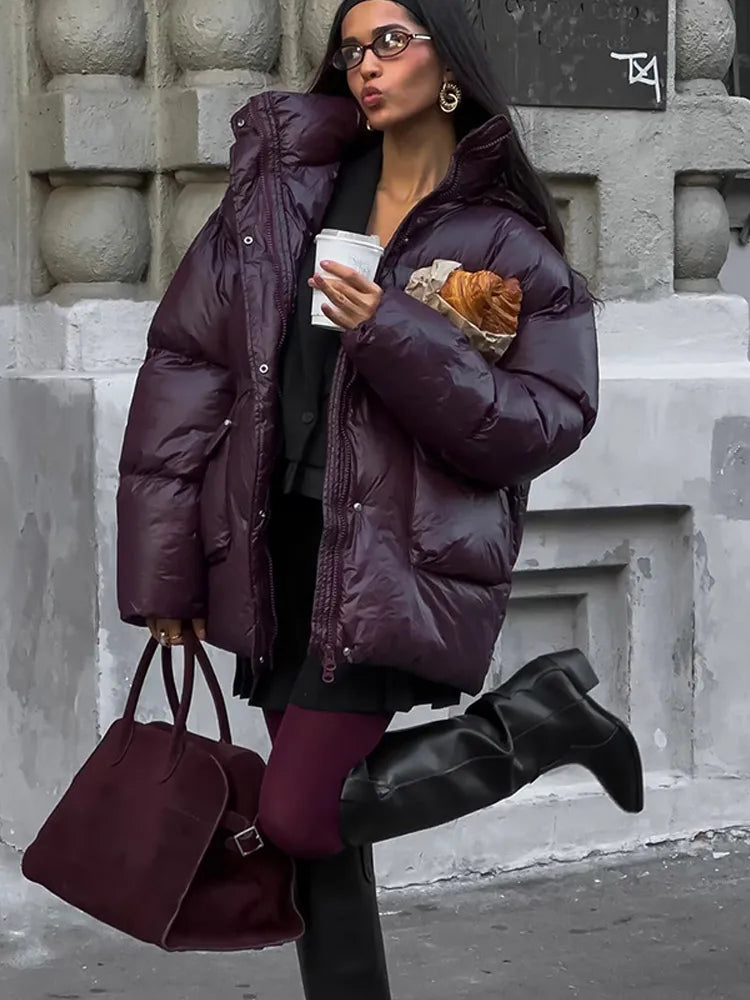 Burgundy Down Jacket with Stand Collar and Pockets Elegant and Warm