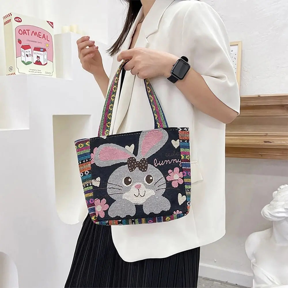 Fashion Women's Canvas Handbag - Animal Ethnic Style Embroidered Tote Bag with Elephant, Peacock, and Rabbit Designs