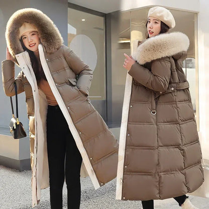 Extra Long Padded Parka with Faux Fur Collar Loose Fit