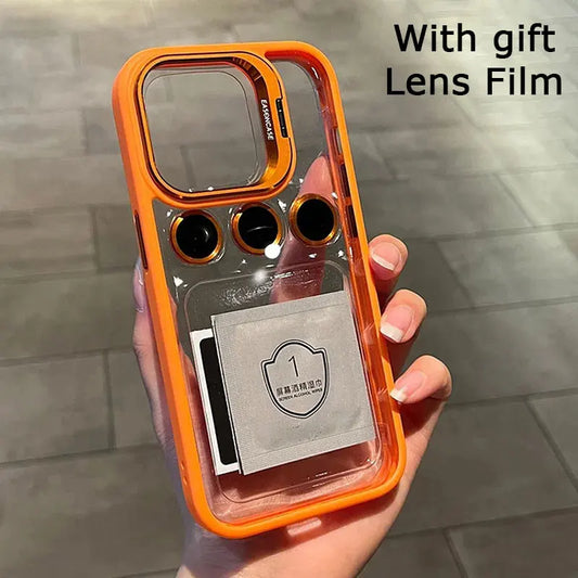 Lens Metal Ring Protector Stand Case For iPhone: Transparent Shockproof Camera Lens Protection Cover