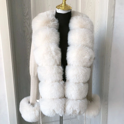 Women's Cropped Knit Cardigan with Faux Fur Collar