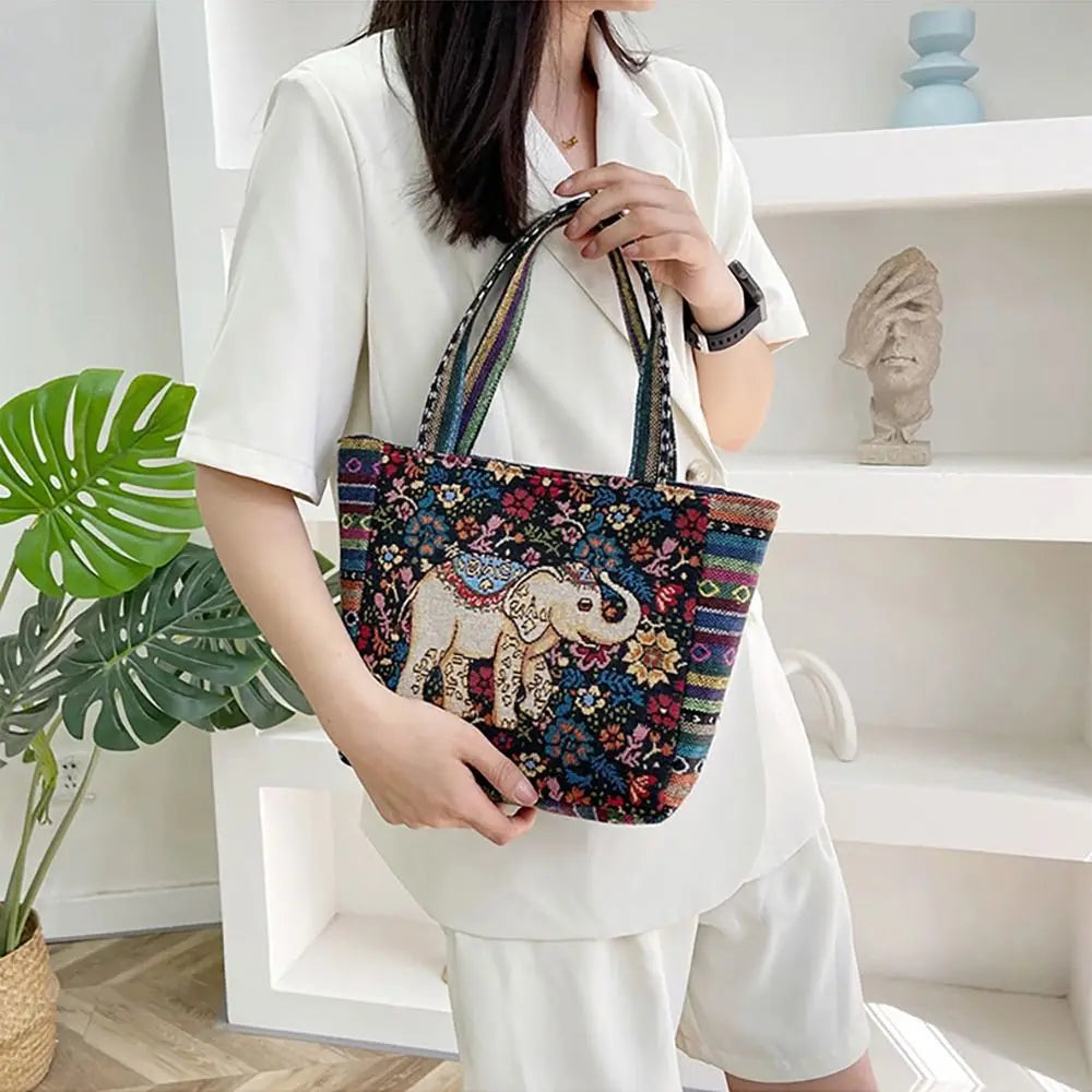 Fashion Women's Canvas Handbag - Animal Ethnic Style Embroidered Tote Bag with Elephant, Peacock, and Rabbit Designs