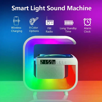 Multifunction Wireless Charger Stand – Bluetooth 5.0 Speaker, FM, TF, RGB Night Light, Fast Charging for iPhone & Samsung