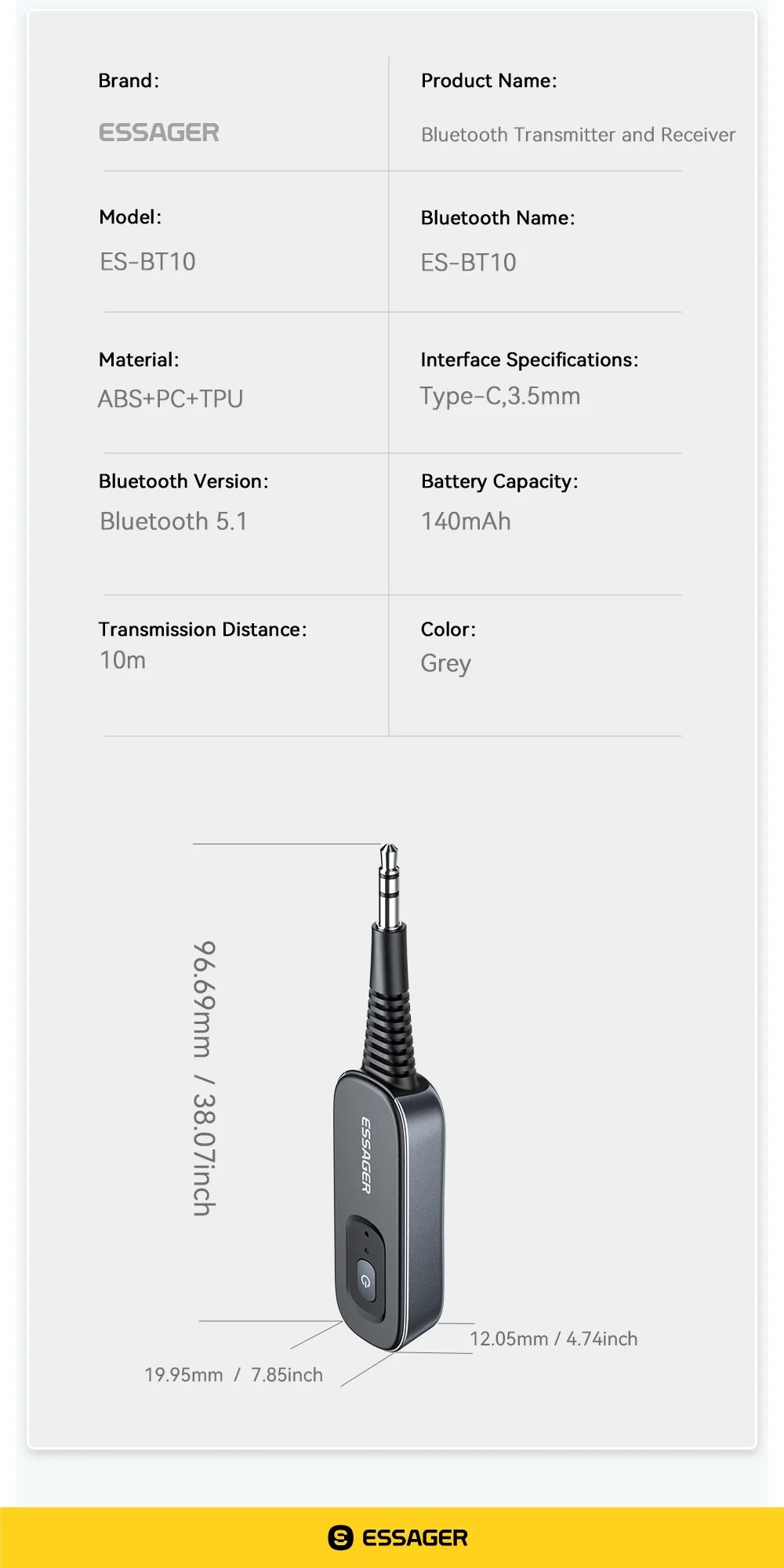 Essager Bluetooth 5.1 Audio Receiver Sändare 3.5MM 3.5 AUX Med Mic Stereo Musik Trådlös Adapter För PC TV Bilhögtalare