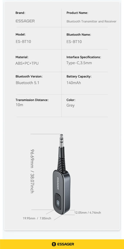 Essager Bluetooth 5.1 Audio Receiver Transmitter 3.5MM 3.5 AUX With Mic Stereo Music Wireless Adapter For  PC TV Car Speakers