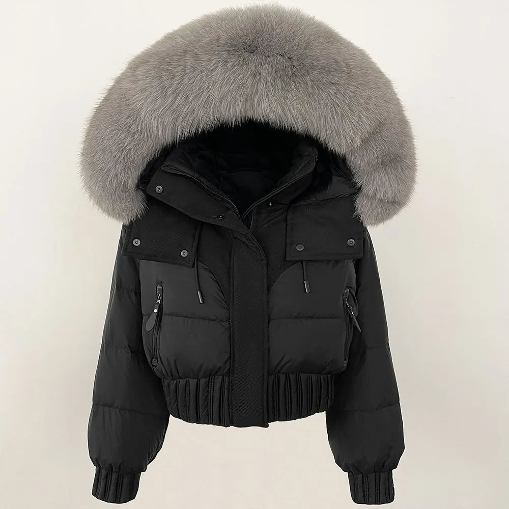 Short Hooded Down Coat with Real Raccoon Fox Fur Collar Warm and Casual