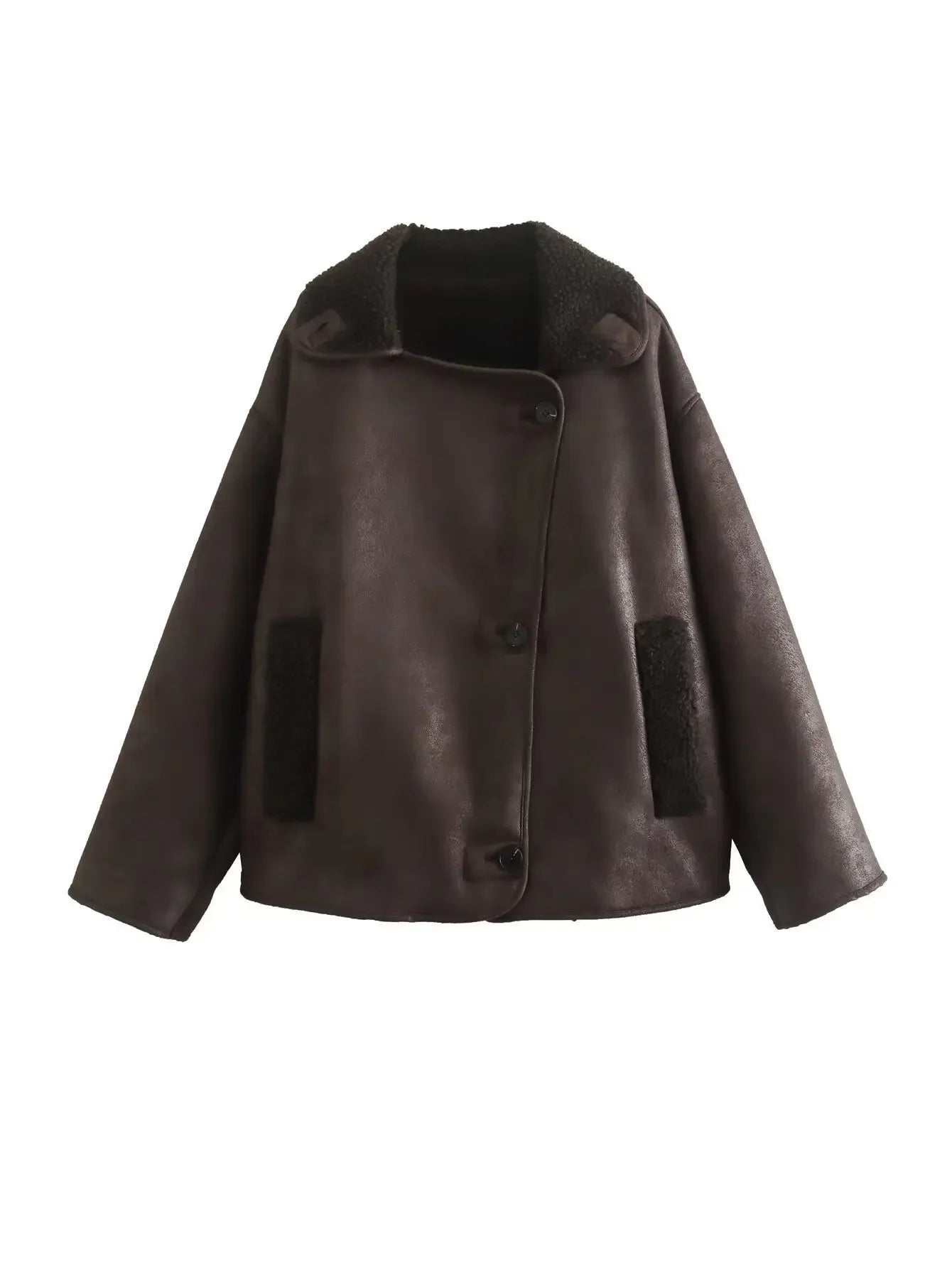 Women's Thick Faux Leather Jacket with Wool Blend Lining