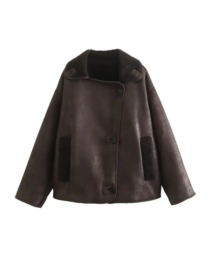 Women's Thick Faux Leather Jacket with Wool Blend Lining