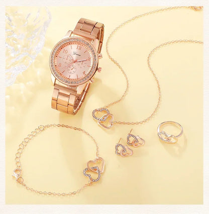 6st set Rose Gold Luxury Watch Dam Ring Halsband Örhänge Strass Mode Armbandsur Casual Dam Armband Klockor