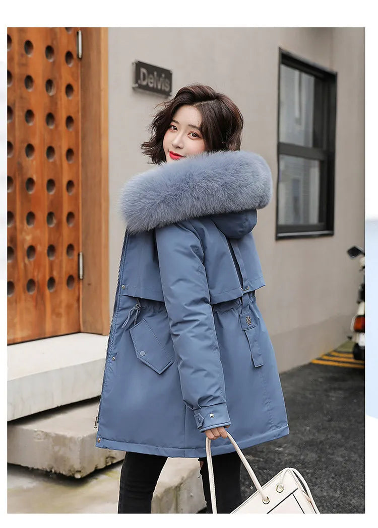 Hooded Parka with Fur Collar and Thick Liner Casual and Fashionable