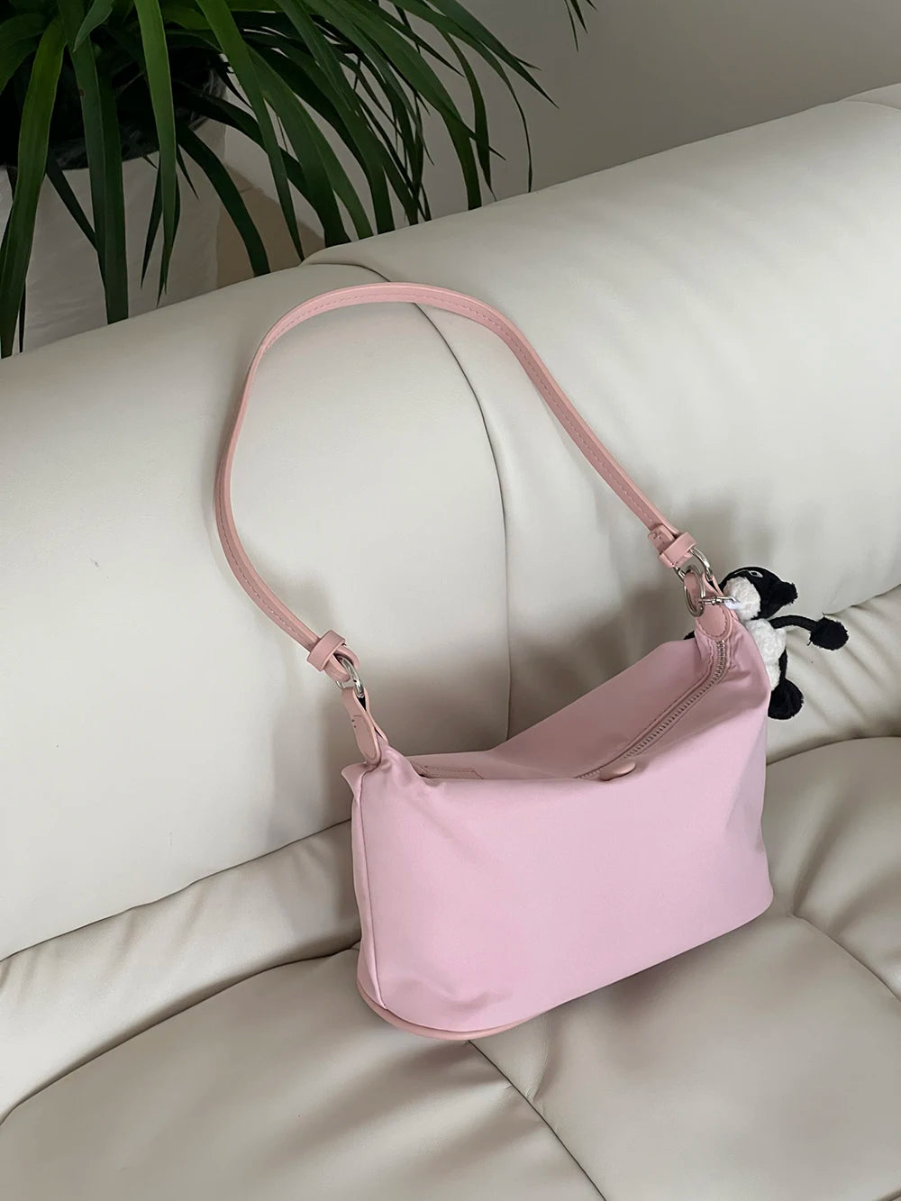 Baby Pink Nylon Underarm Bag – Lightweight Korean-Style Shoulder Handbag with Soft Texture