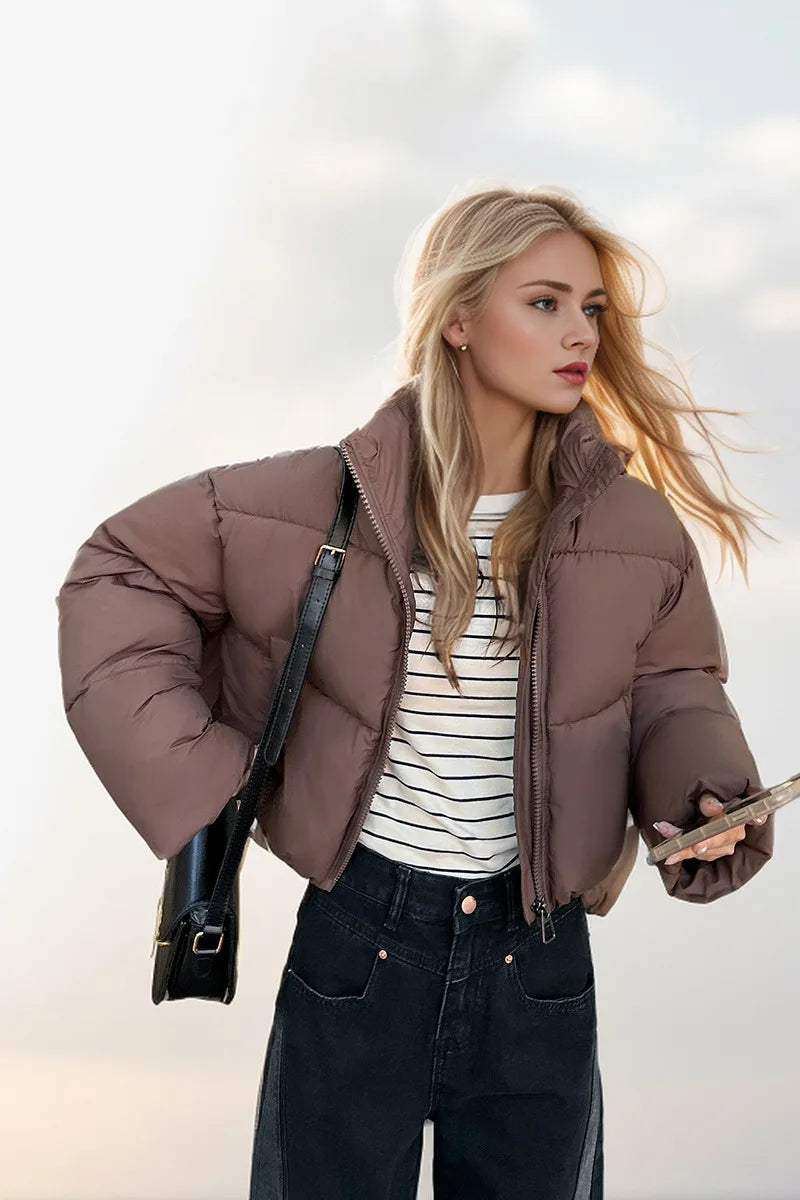 Women's Cropped Puffer Jacket with Stand Collar