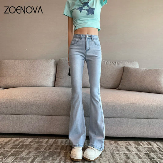 ZOENOVA Harajuku Street Casual Simple Solid Color Women's Jeans 2024 New Fashion Lady High Waist Slim VersatileMicro Flare Pants