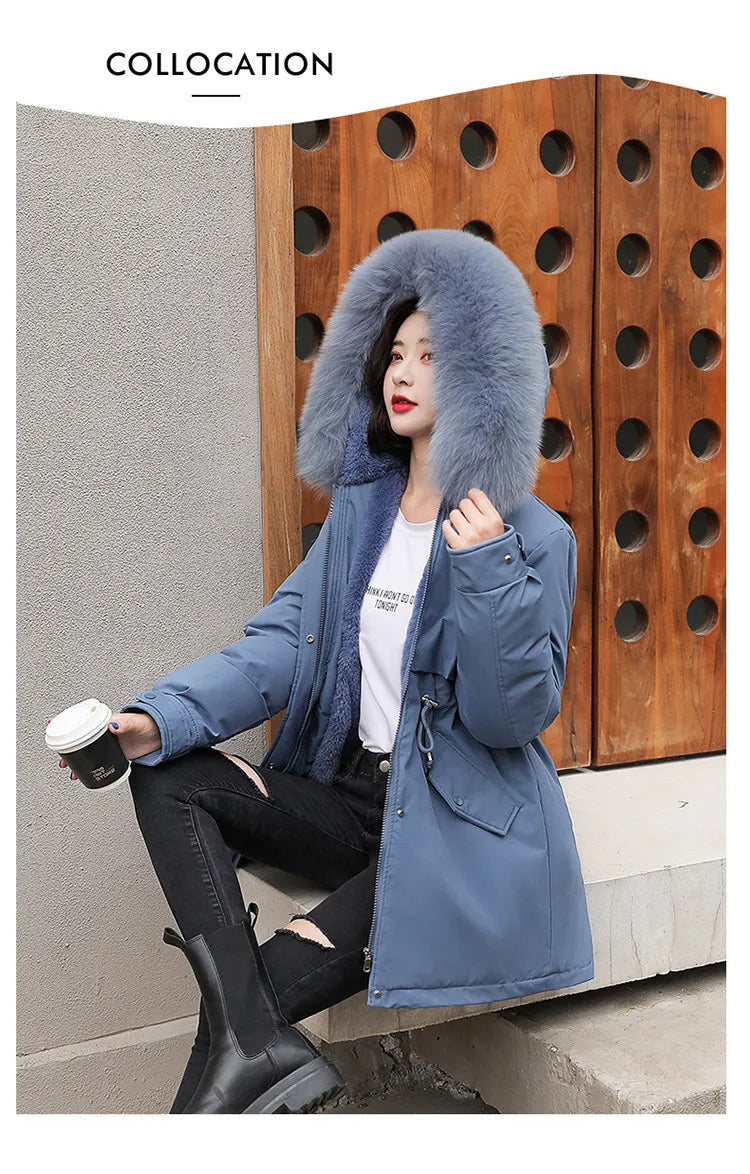 Hooded Parka with Fur Collar and Thick Liner Casual and Fashionable