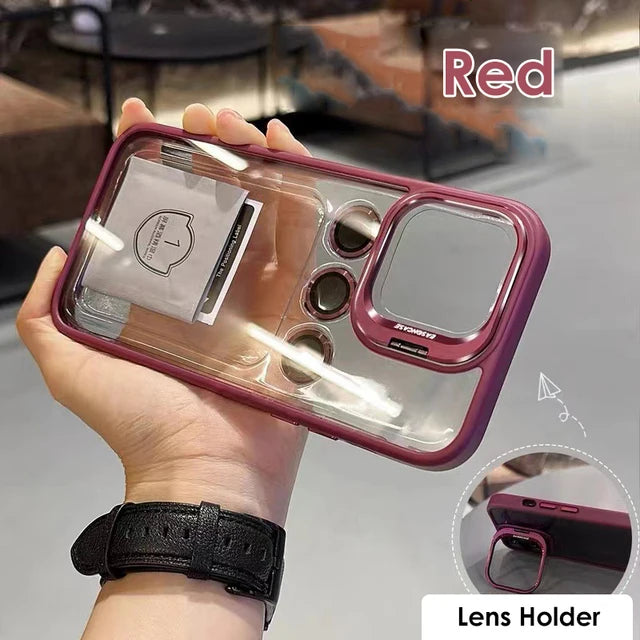 Lens Metal Ring Protector Stand Phone Case with Camera Lens Protection and Transparent Shockproof Cover for iPhone