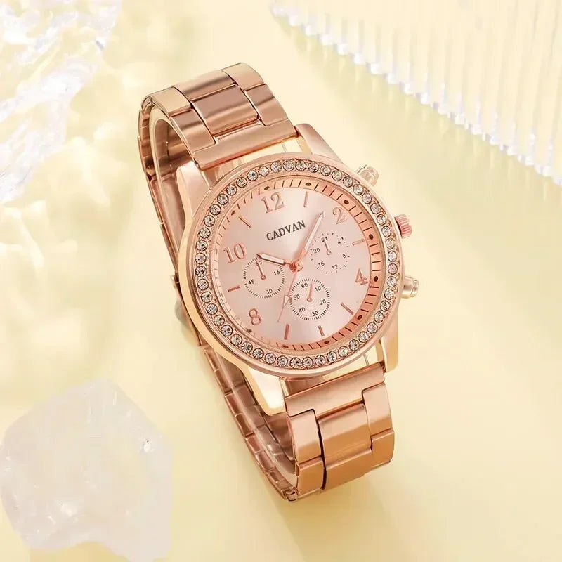 6st set Rose Gold Luxury Watch Dam Ring Halsband Örhänge Strass Mode Armbandsur Casual Dam Armband Klockor