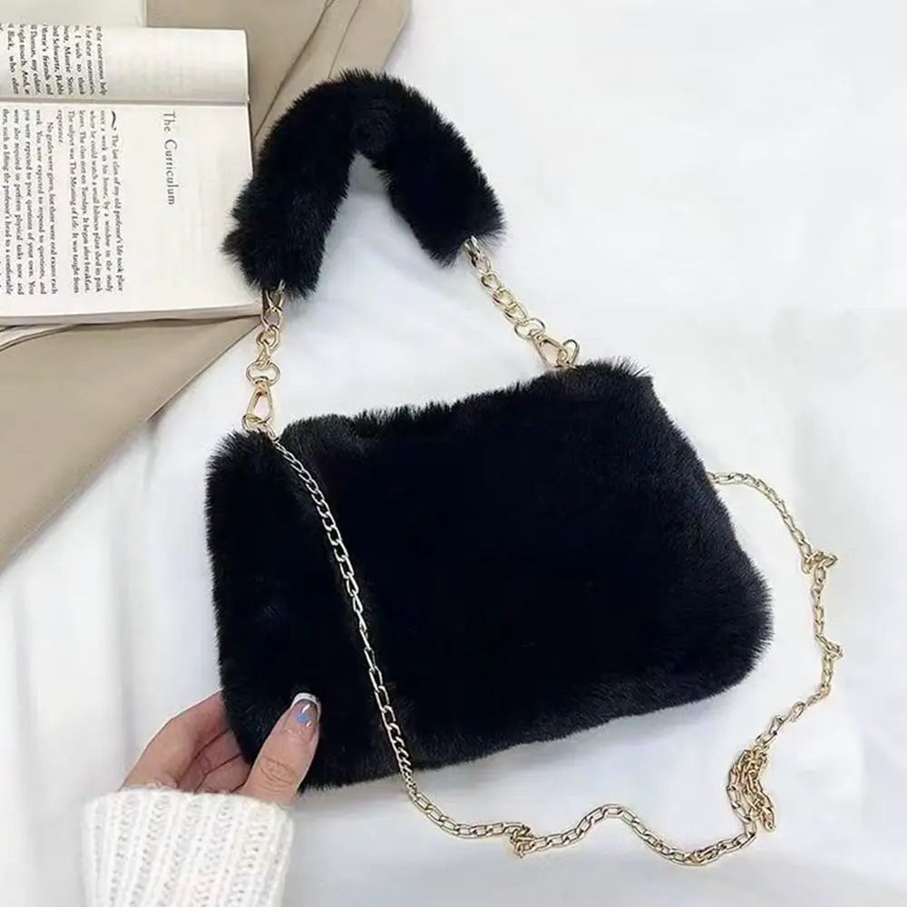 Fashion Women Fluffy Shoulder Bag – Winter Chain Underarm Bag with Soft Plush Handle