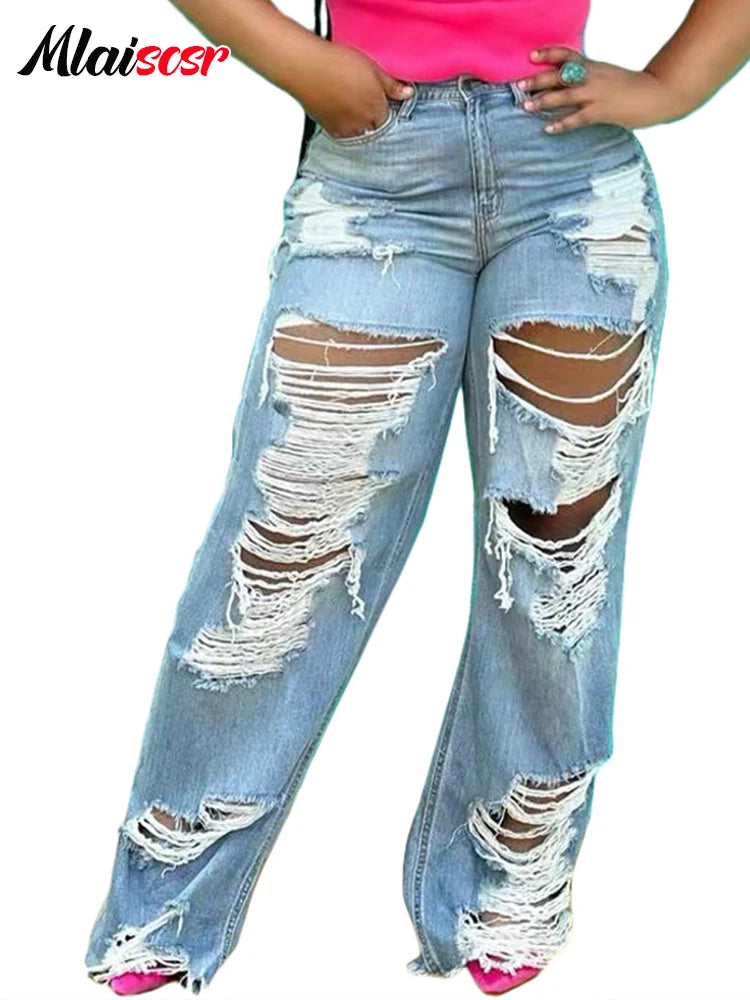 Mlaiscsr Sexy Hole Ripped Straight Jeans Women Button Pocket Loose Blue Denim Wide Leg Pants Trousers Streetwear Birthda Bottoms