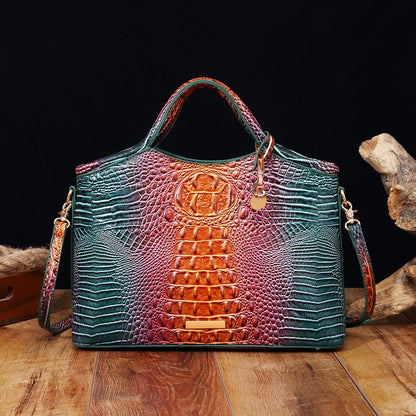 Genuine Leather Handbag – High-End Retro Women's Bag with Crocodile Pattern and Solid Color Design