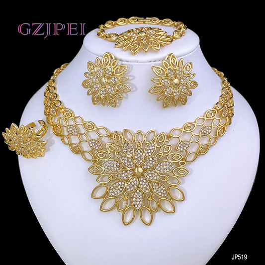 Luxury Jewelry Set For Women High Quality 18K Gold Plated Dubai Jewelry Necklace Earring Ring Bracelet Trending