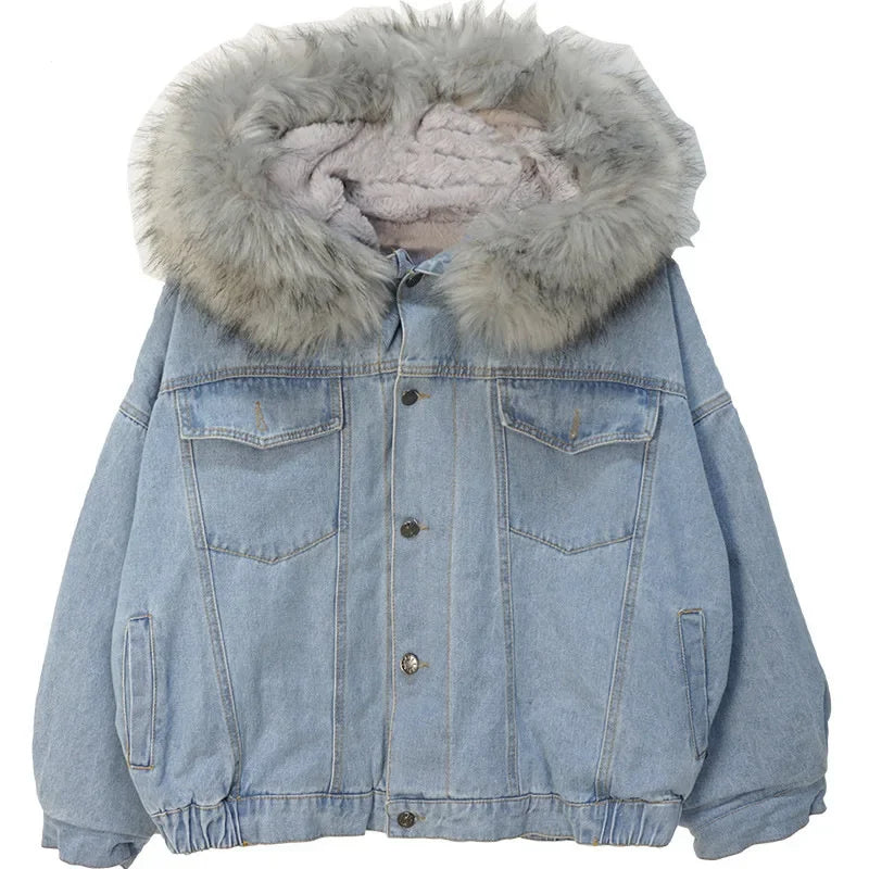 Loose Fit Denim Jacket with Thick Fleece and Lamb Wool Lining