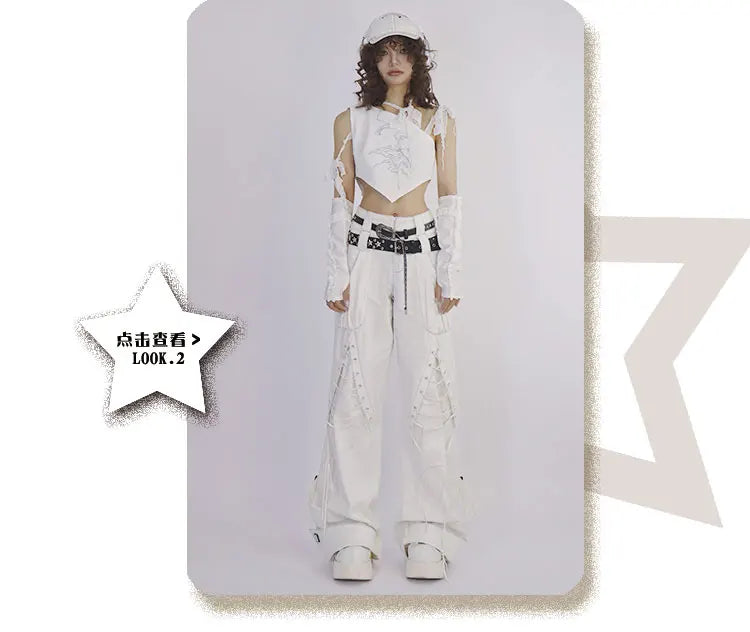 Y2K Low Waist White Jeans with Bandage Detail and Baggy Fit