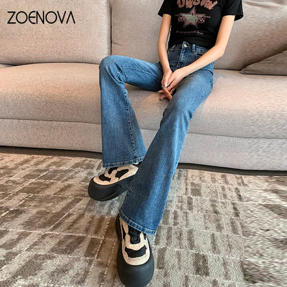 ZOENOVA Harajuku Street Casual Simple Solid Color Women's Jeans 2024 New Fashion Lady High Waist Slim VersatileMicro Flare Pants