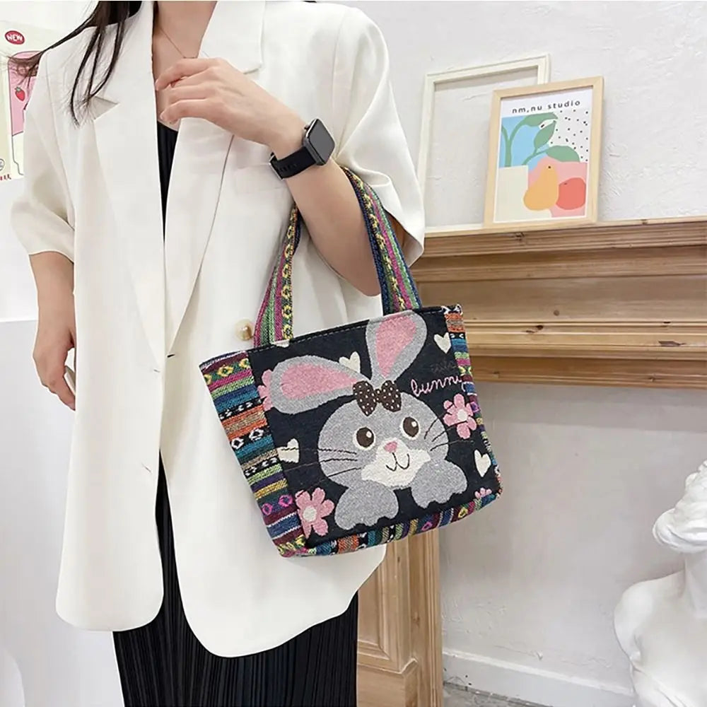 Fashion Women's Canvas Handbag - Animal Ethnic Style Embroidered Tote Bag with Elephant, Peacock, and Rabbit Designs