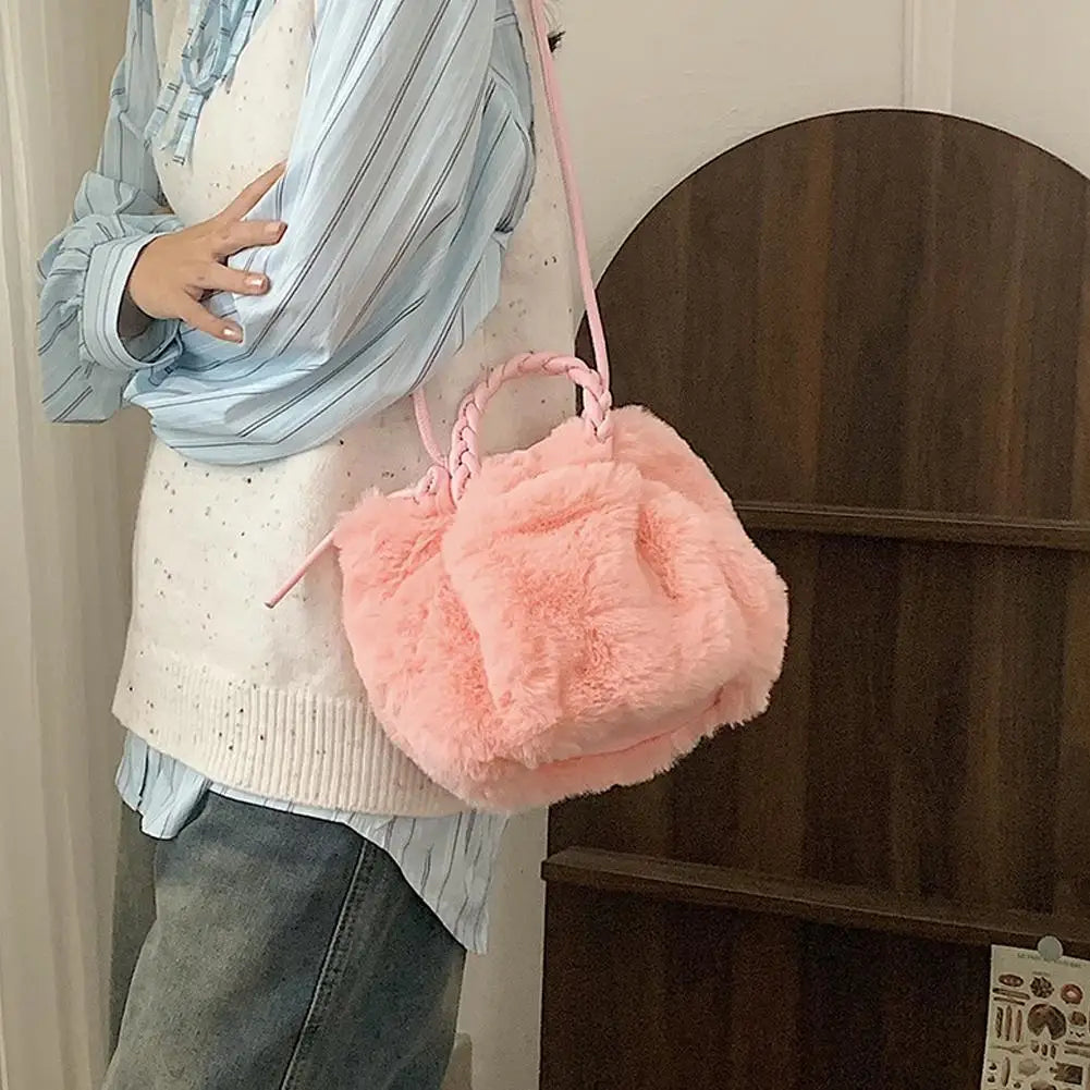 Cute Pumpkin Plush Shoulder Bag - Winter Rabbit Fur Crossbody Tote for Girls