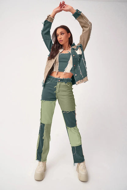 Jeans Women Straight green Pants Patchwork