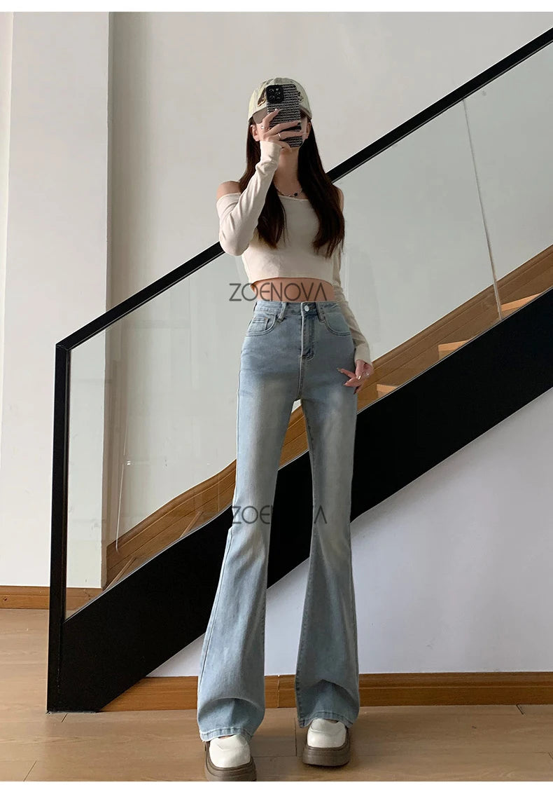 ZOENOVA Harajuku Street Casual Simple Solid Color Women's Jeans 2024 New Fashion Lady High Waist Slim VersatileMicro Flare Pants