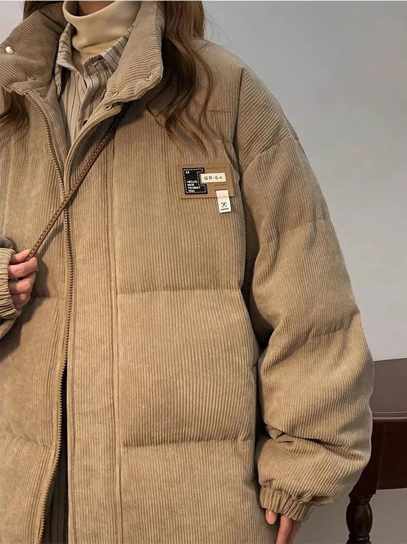 Oversized Corduroy Puffer Coat with Pockets Warm and Retro Y2K Style