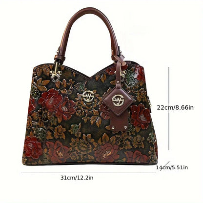 Vintage Flower Pattern Handbag, Luxury PU Leather Tote Bag, Fashion Crossbody Bag For Women