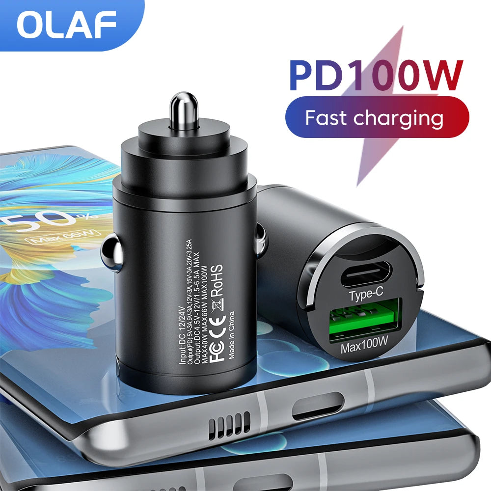 Olaf Mini 100W PD QC Pull Ring Snabbladdning Billaddare USB C Biltelefonladdare Adapter För iPhone 13 12 Xiaomi Samsung Huawei