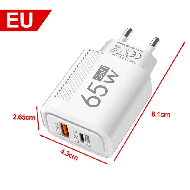 65W GaN USB C Charger Fast Charging Wall Charger For iPhone/Xiaomi/Samsung PD Type C Phone Adapter EU/US Plug