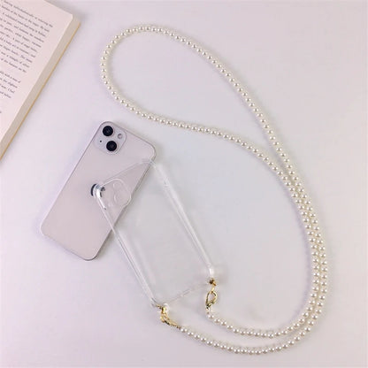 Lyxigt koreanskt Crossbody Pearl Chain telefonfodral med transparent skal och rem för iPhone