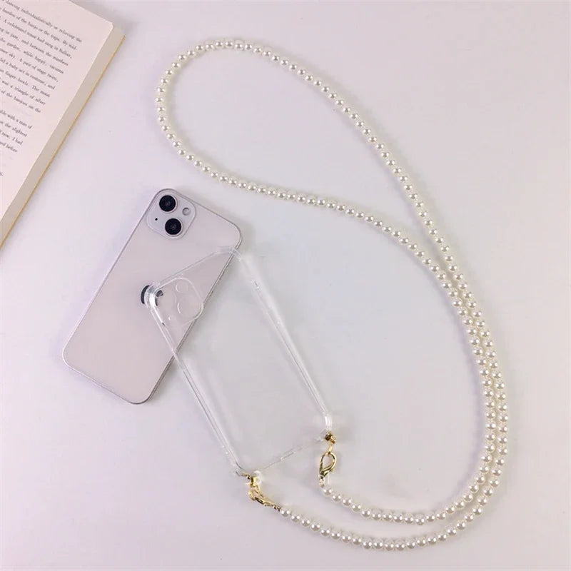 Lyxigt koreanskt Crossbody Pearl Chain telefonfodral med transparent skal och rem för iPhone