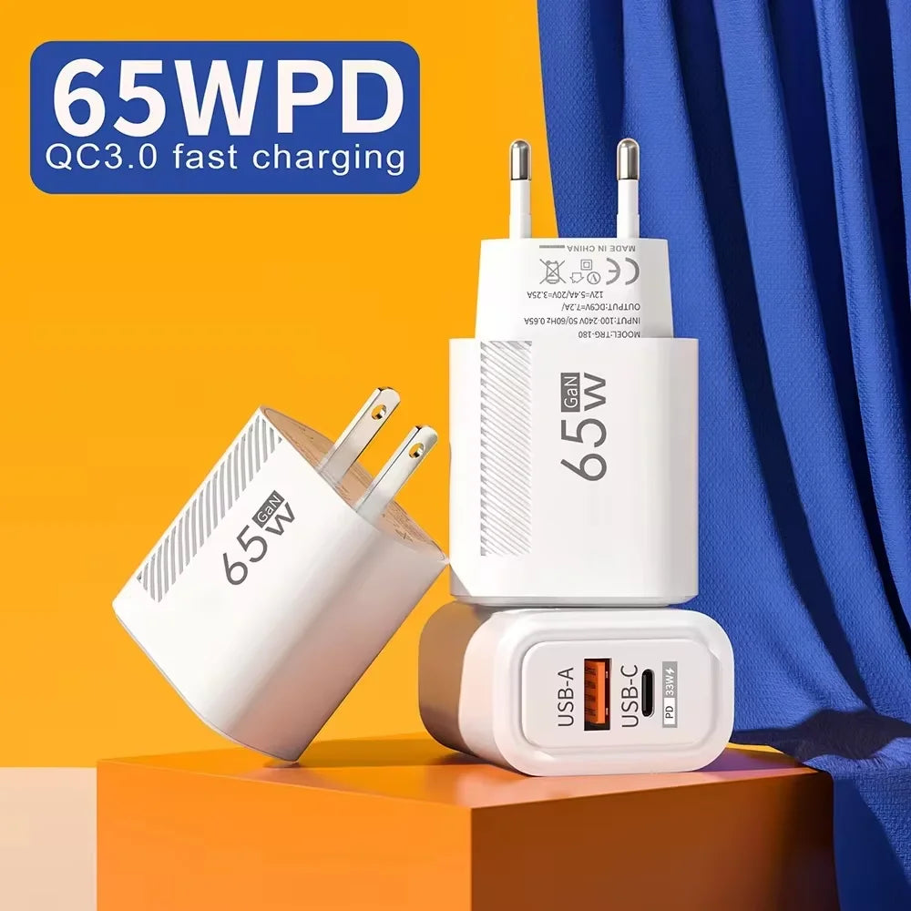 65W GaN USB C Charger Fast Charging Wall Charger For iPhone/Xiaomi/Samsung PD Type C Phone Adapter EU/US Plug