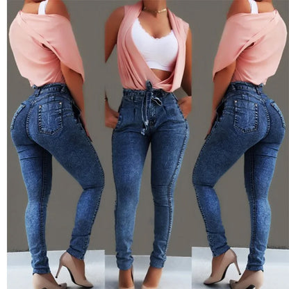 High Waist Skinny Jeans with Tassel Belt and Stretch Slim Fit