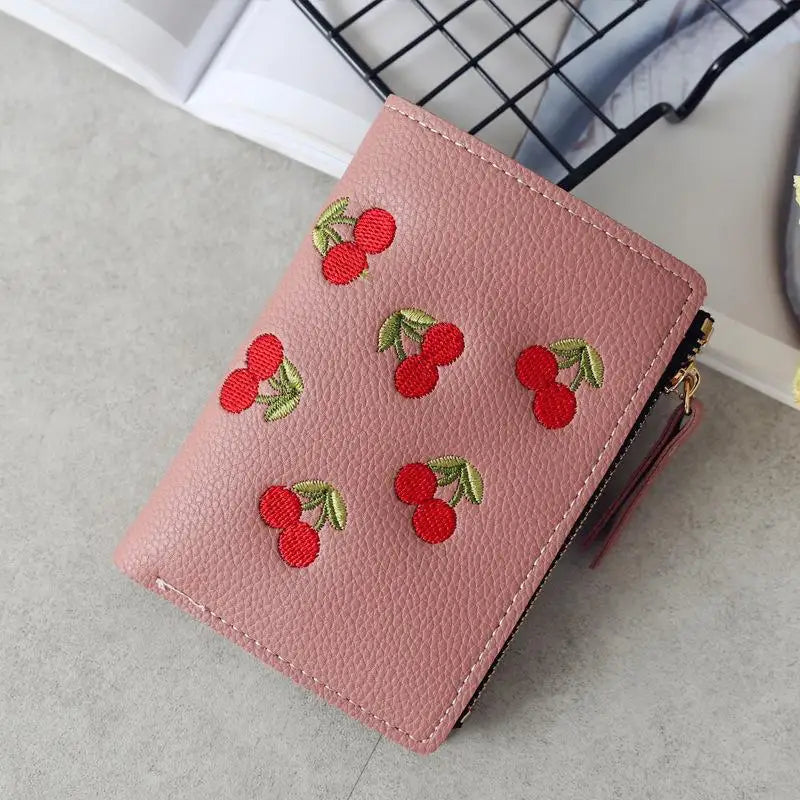 Women Vertical Buckle Cherry Embroidered Small Short Wallet – Simple Wallet, Girls Zipper Purse.