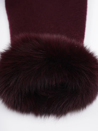 Wine Red Woolen Coat with Fur Cuffs and Belted Design