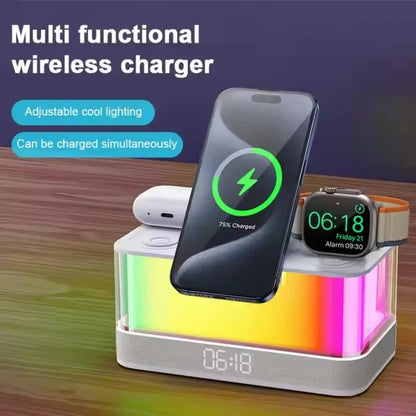 6-in-1 Wireless Charging Station – Magnetic Fast Charger, Bluetooth Speaker, Clock & Night Light