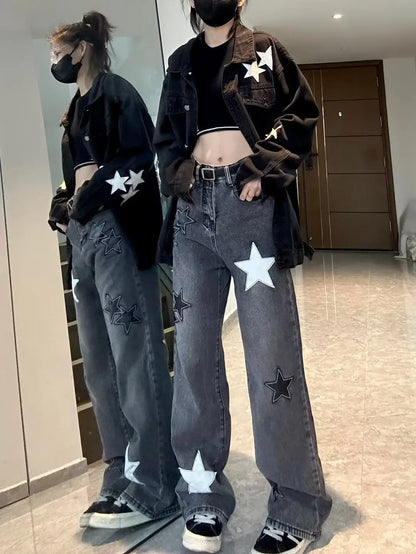 Star Print High Waist Jeans American Retro High Street Straight-leg Pants Patchwork Long Trousers Y2k Fashion Streetwear Baggy