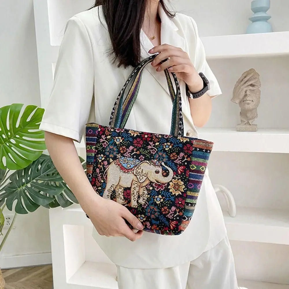 Fashion Women's Canvas Handbag - Animal Ethnic Style Embroidered Tote Bag with Elephant, Peacock, and Rabbit Designs