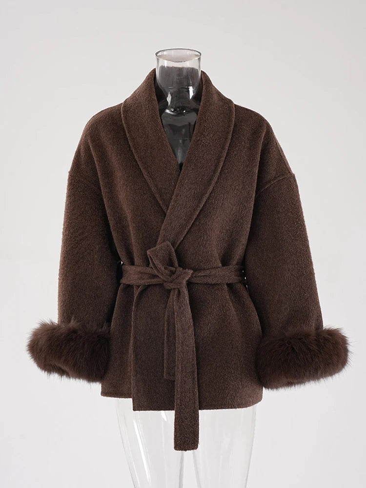 Wine Red Woolen Coat with Fur Cuffs and Belted Design