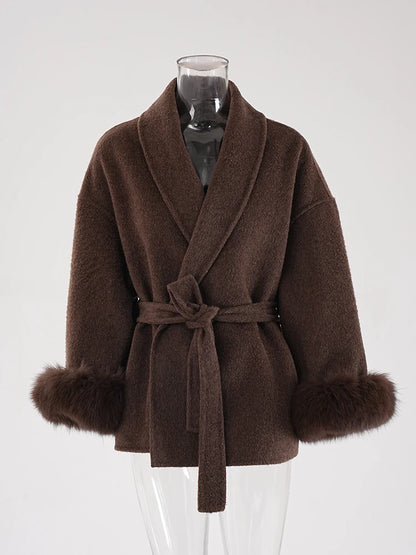 Wine Red Woolen Coat with Fur Cuffs and Belted Design