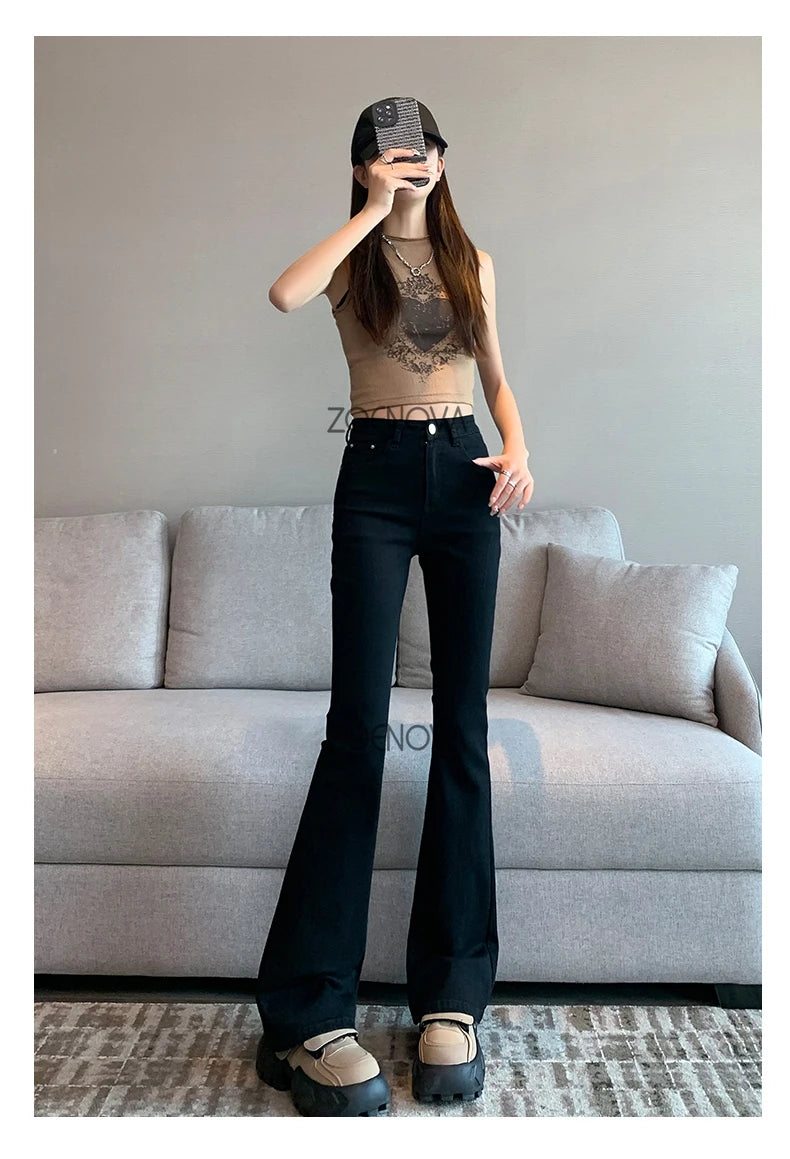 ZOENOVA Harajuku Street Casual Simple Solid Color Women's Jeans 2024 New Fashion Lady High Waist Slim VersatileMicro Flare Pants